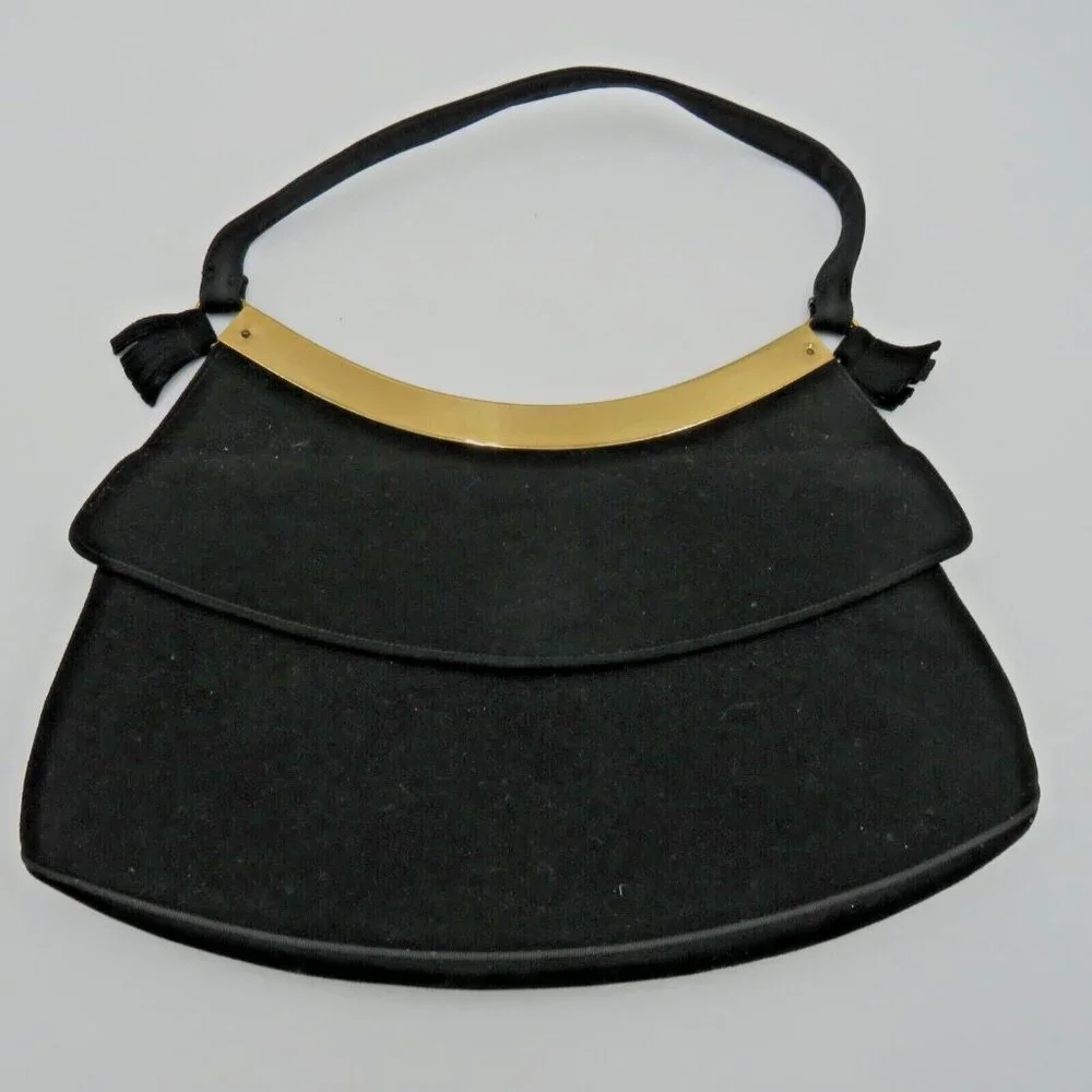Lennox Bags Purse Black Faux Suede Gold Tone Trim Hand Strap Vintage Snap Close